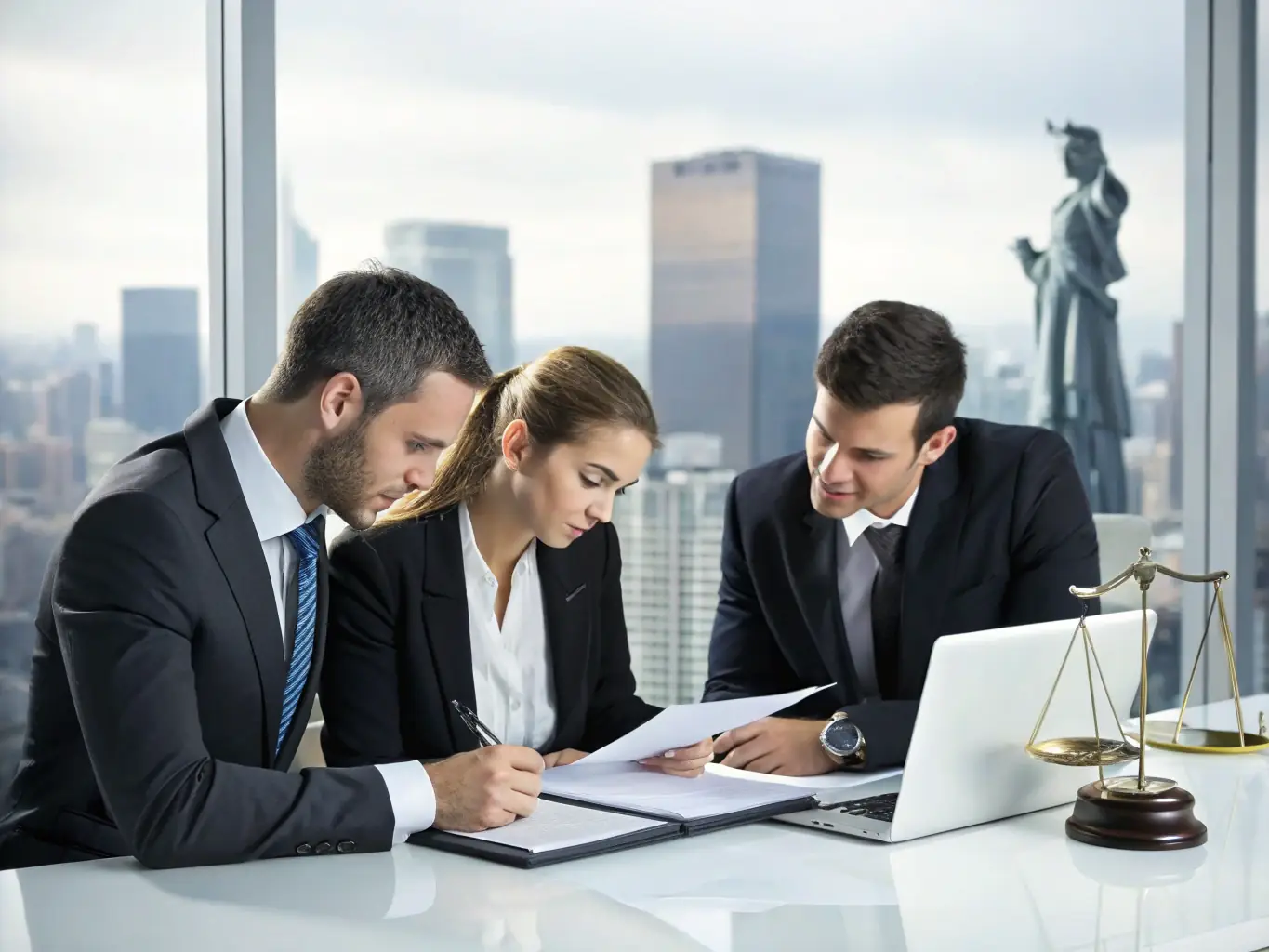 A modern office setting with professionals collaborating on documents, representing commercial law and support for SMEs.