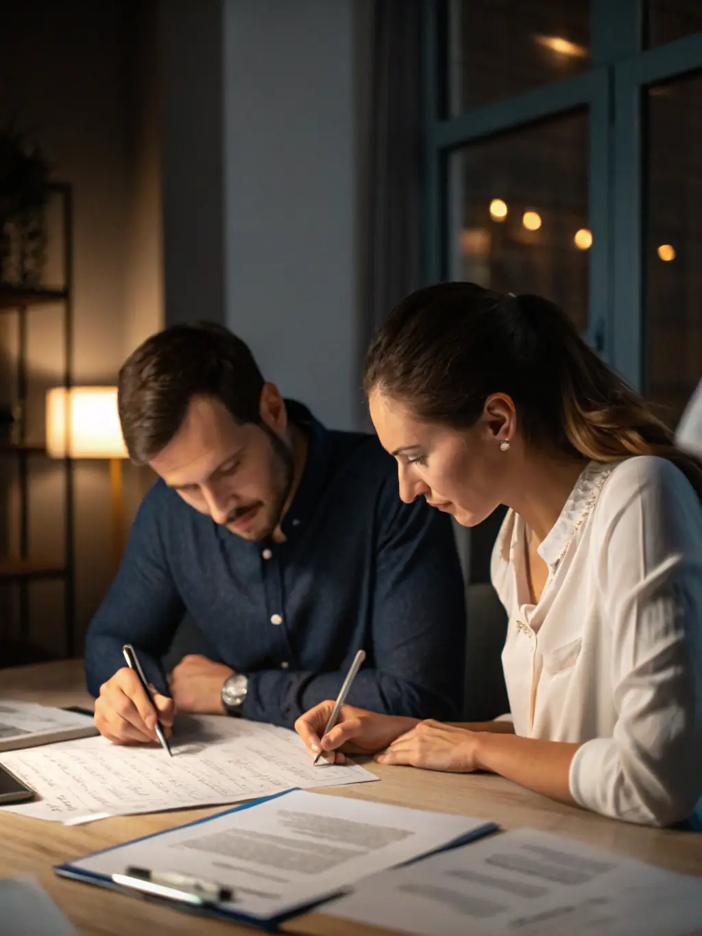 Image of a couple signing a contract in a modern office, symbolizing civil law expertise.