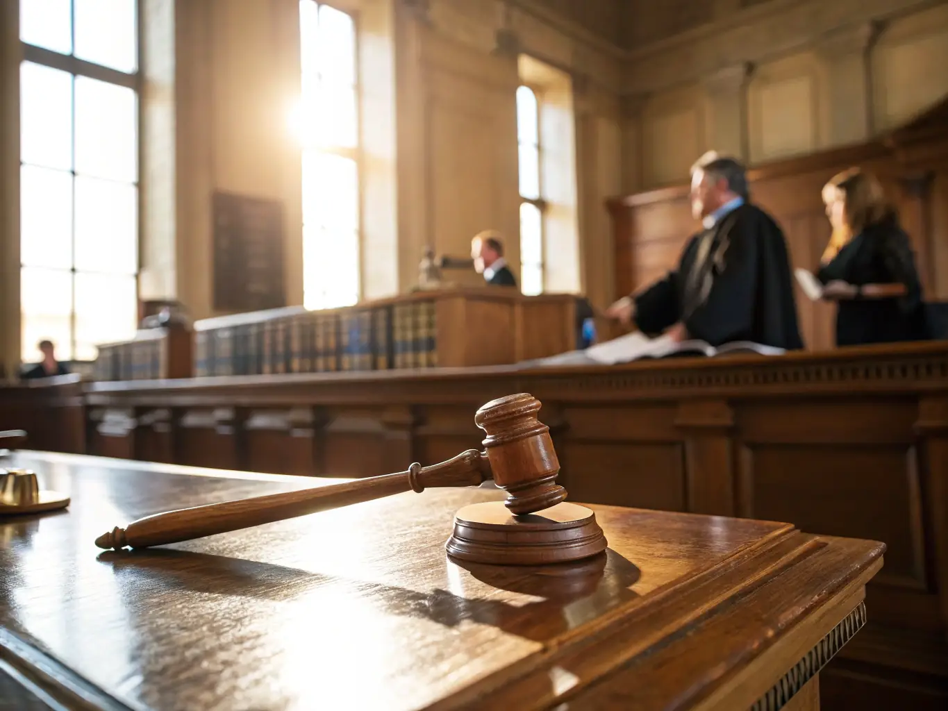 A solemn courtroom interior with a gavel resting on a sound block, symbolizing civil law and justice for individuals.