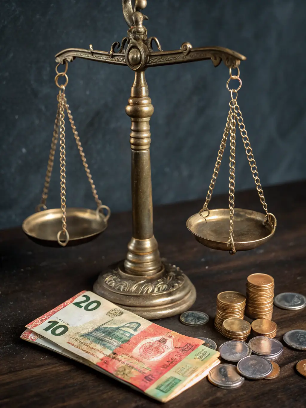 Scales of justice with a euro symbol on one side and a business chart on the other, representing commercial law.