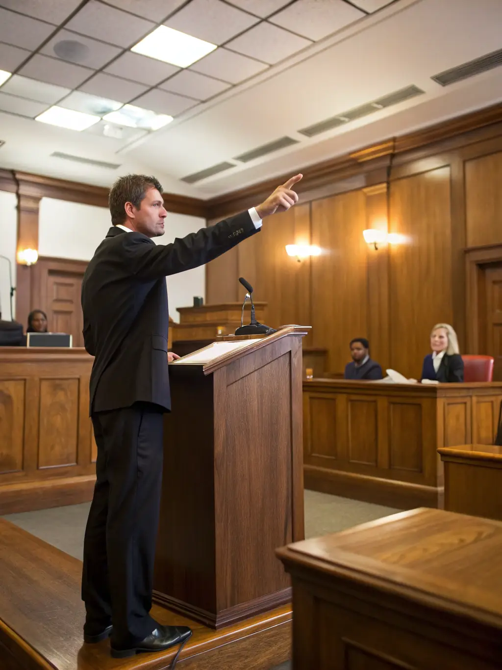 Image of a lawyer in a courtroom defending a client, illustrating criminal law defense.