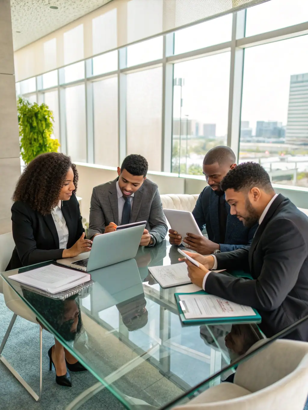 Image of a team of lawyers reviewing commercial documents in a meeting room, representing commercial law services.